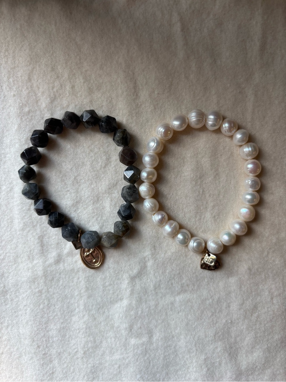Set of 2 Women's Stretch Bracelets — White Pearl & Dark Gray Faceted Stone